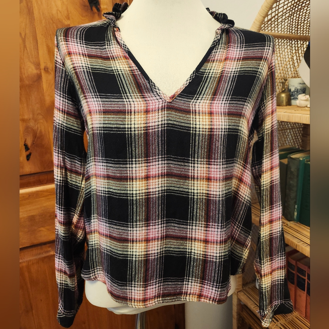 Cloth & Stone Anthropologie Ruffle Flannel Plaid Shirt Sz Petite Xs